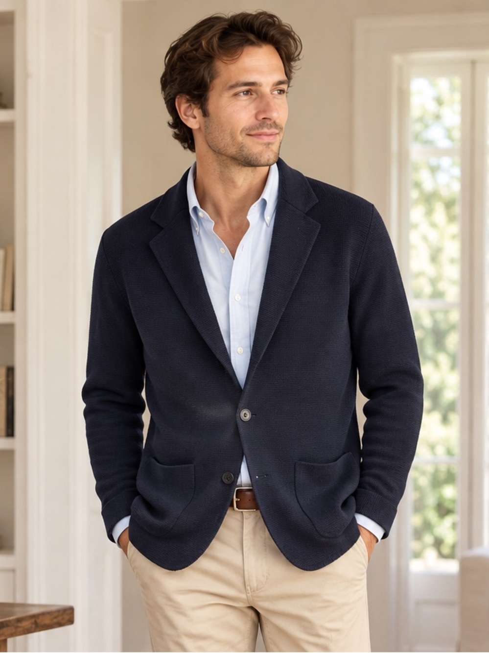 Massimo Dutti Men’s Small Navy 100% Extrafine Cotton Knit Blazer Cardigan Jacket